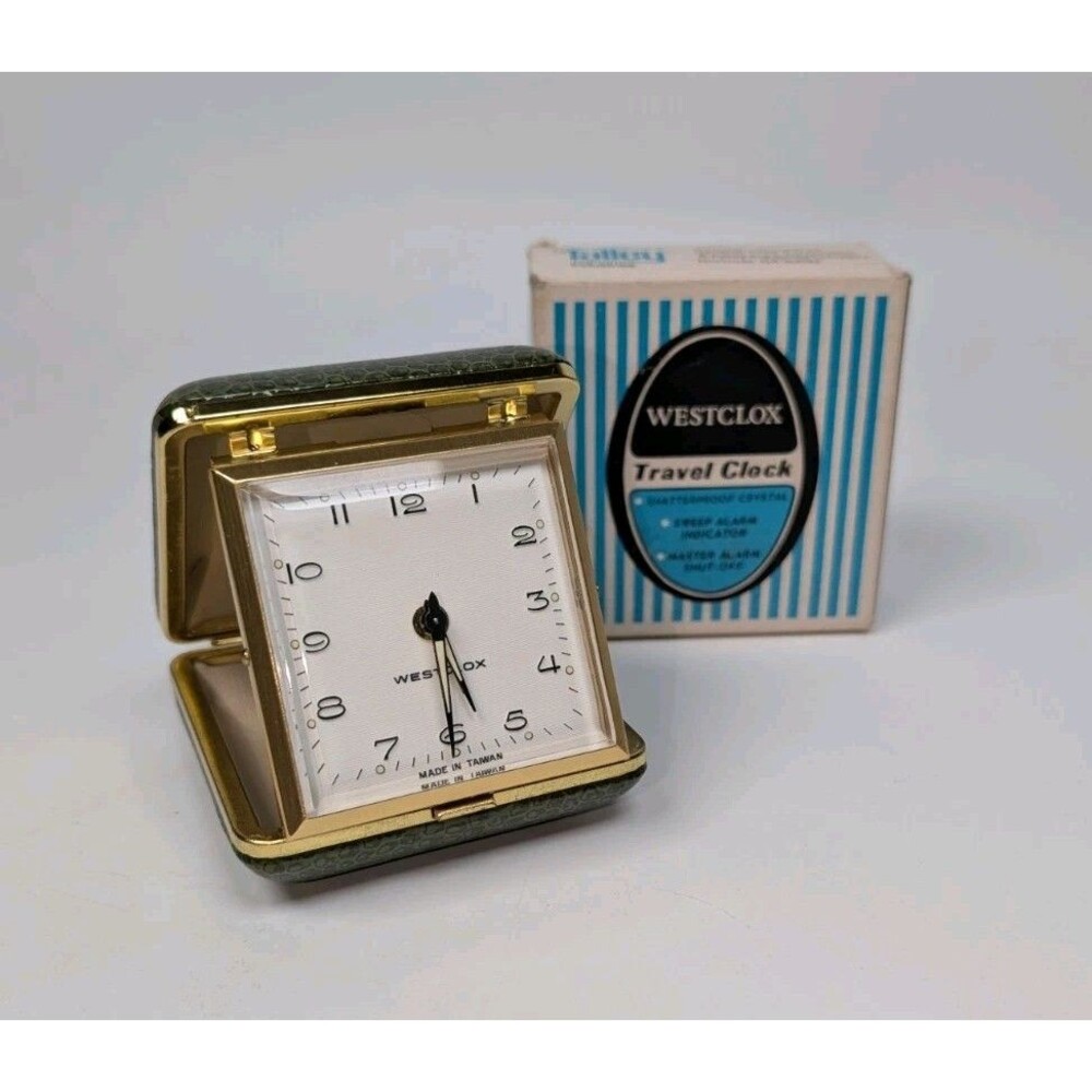 Vintage Westclox Travette II Travel Alarm Clock 44220 Tan Luminous w/ Case & Box